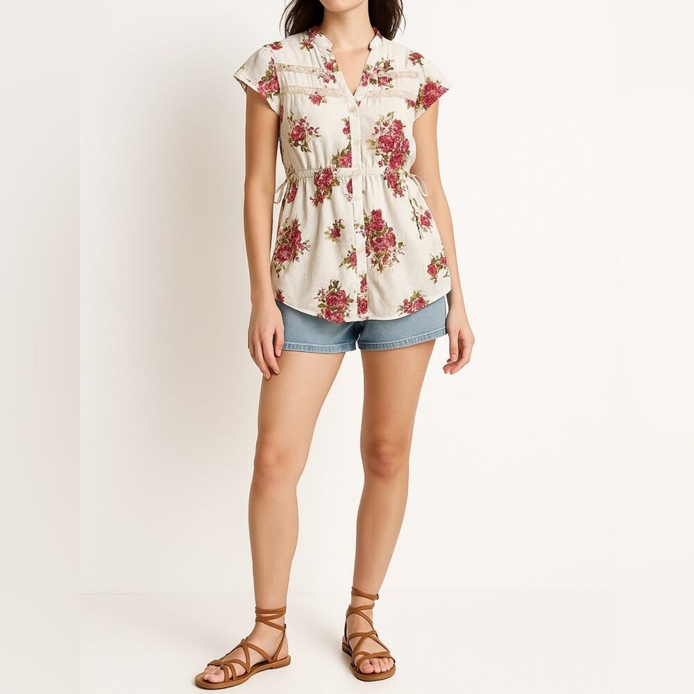 Y2K DECREE Floral Button Front Tunic | L | Cream & Pink Rose Print | Cottagecore